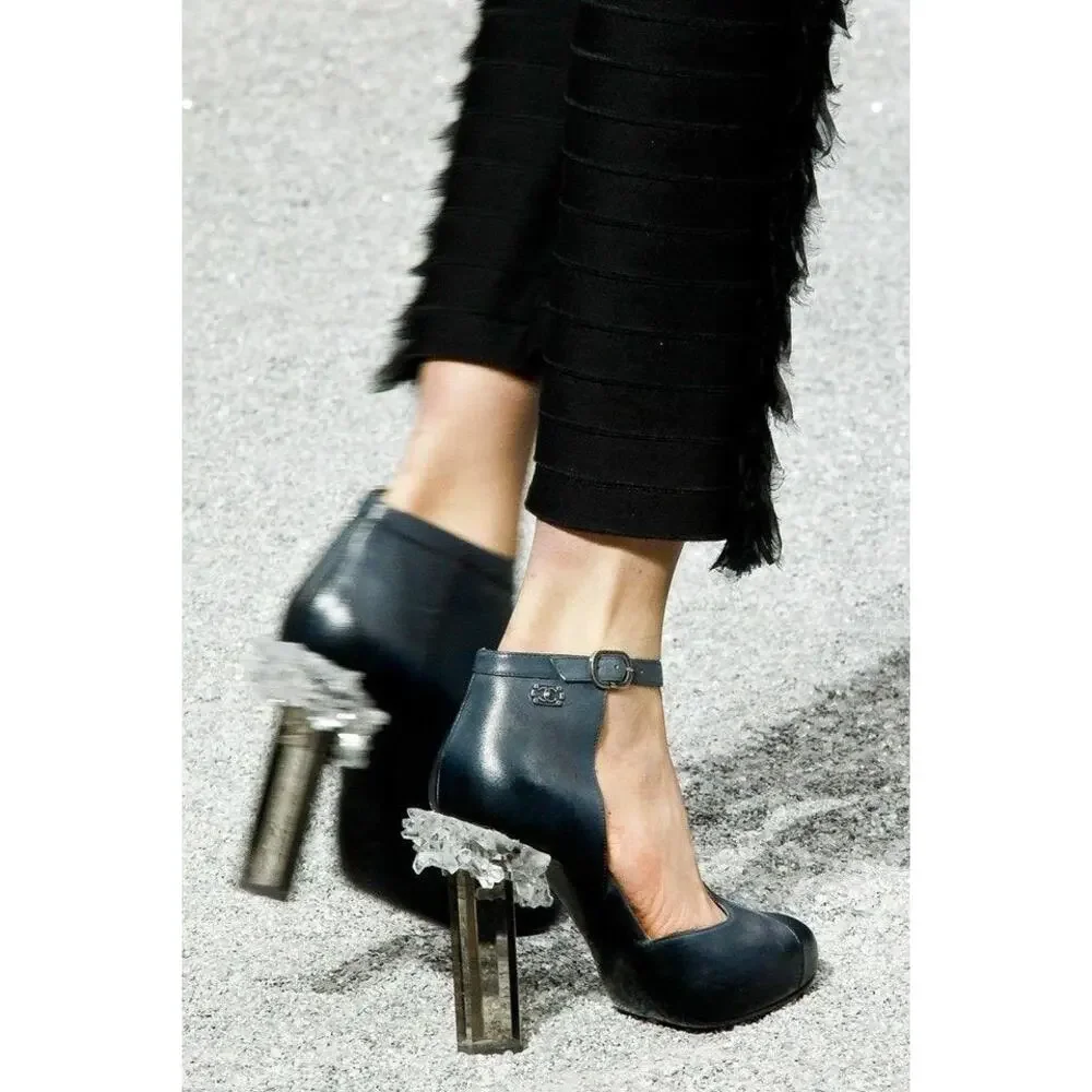 Chanel Fall 2012 Runway Navy Silver Ombre Leather Lucite Ice Crystal Heels EU 37